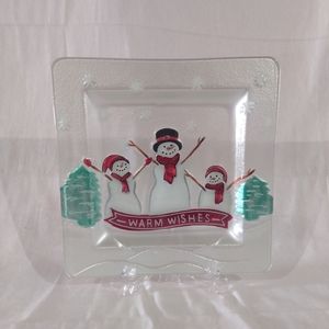 St. Nicholas,  3 Snowmen  Glass Square Platter 11 x 11 " Warm Wishes"